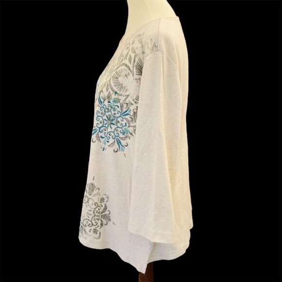 Alfred Dunner 3/4 Sleeve Top Sz 2X Blue Green Gold Embroidered Sequins Autumn - Picture 7 of 7